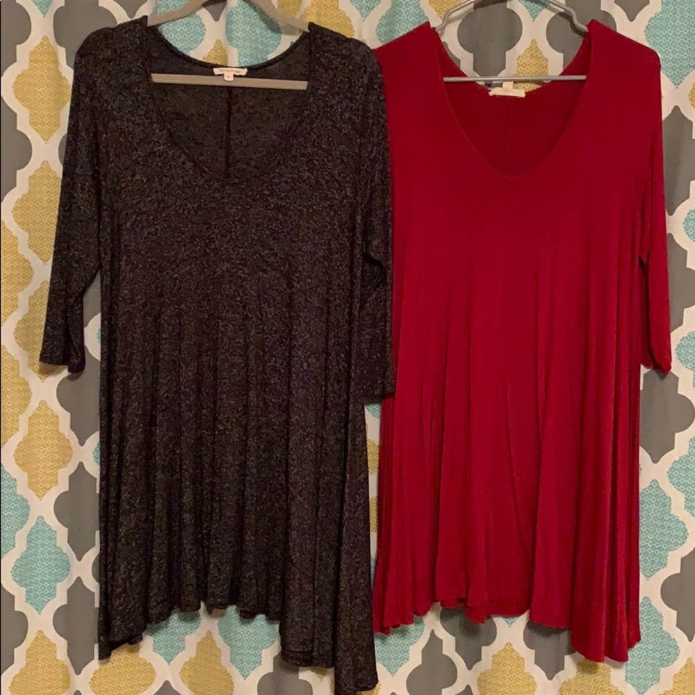 TWO T-Shirt Dresses - Grey and Red/Orange